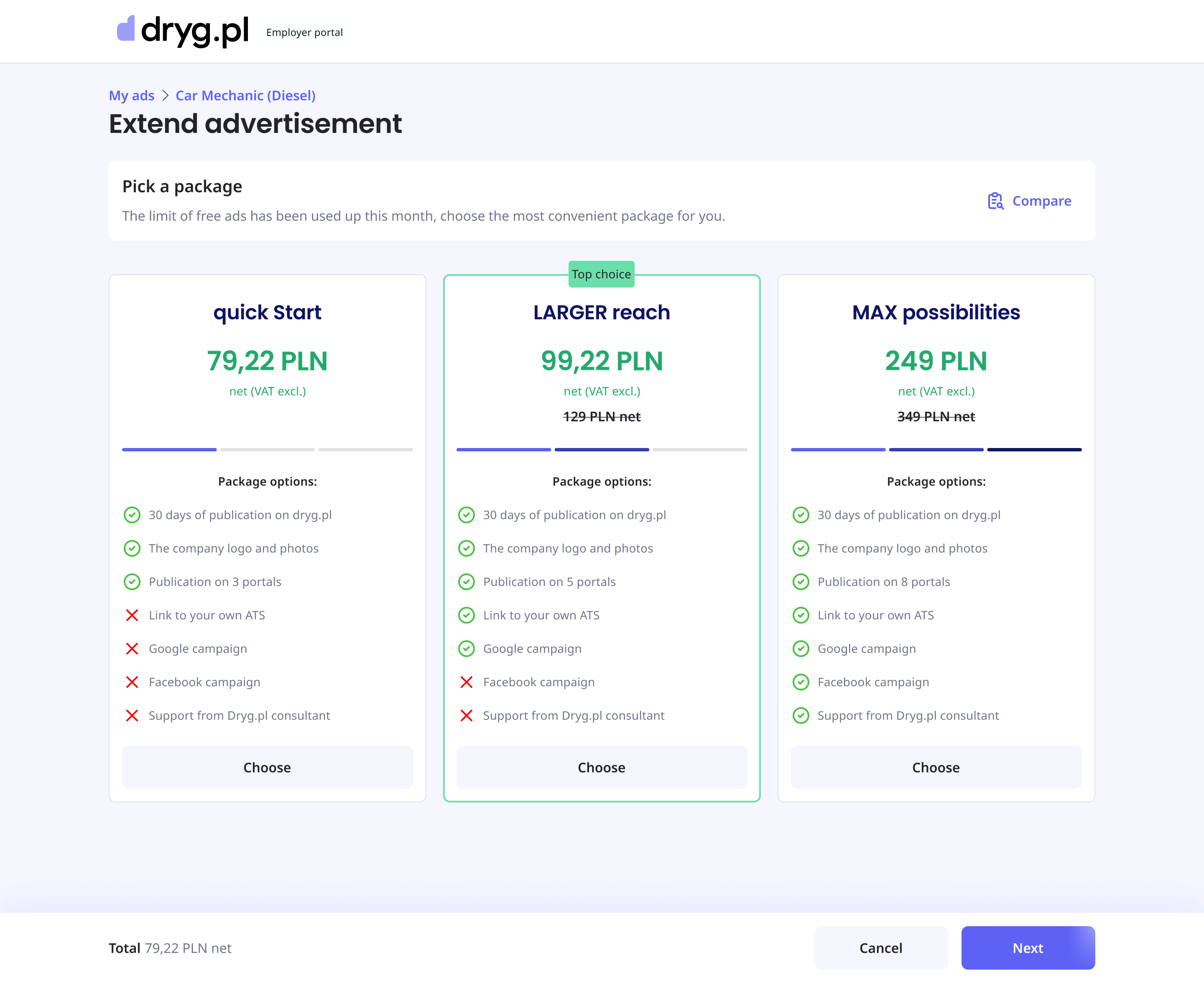 Dryg pricing page UI
